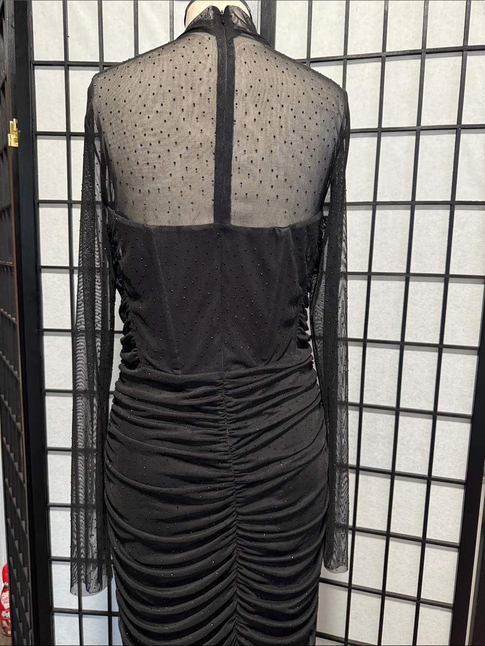 Black Halo Lexington Sheer Rhinestone Ruched Gown Size 12 - Picture 7 of 16